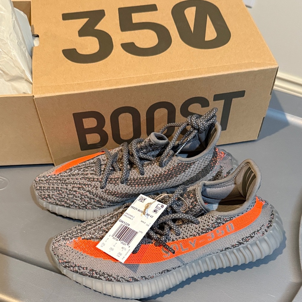 Yeezy Kids Sneakers in Grey with Bright Orange Stripe